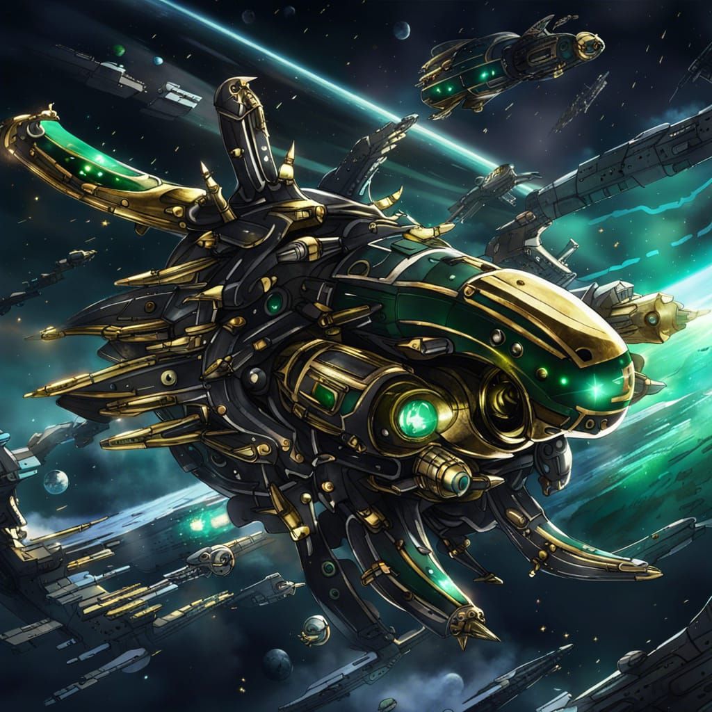 Squid Warship Attacks Space Station in Manga Style