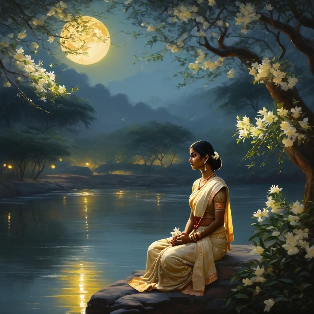 Romantic South Indian Girl Under Moonlight, Ethereal Paintin...