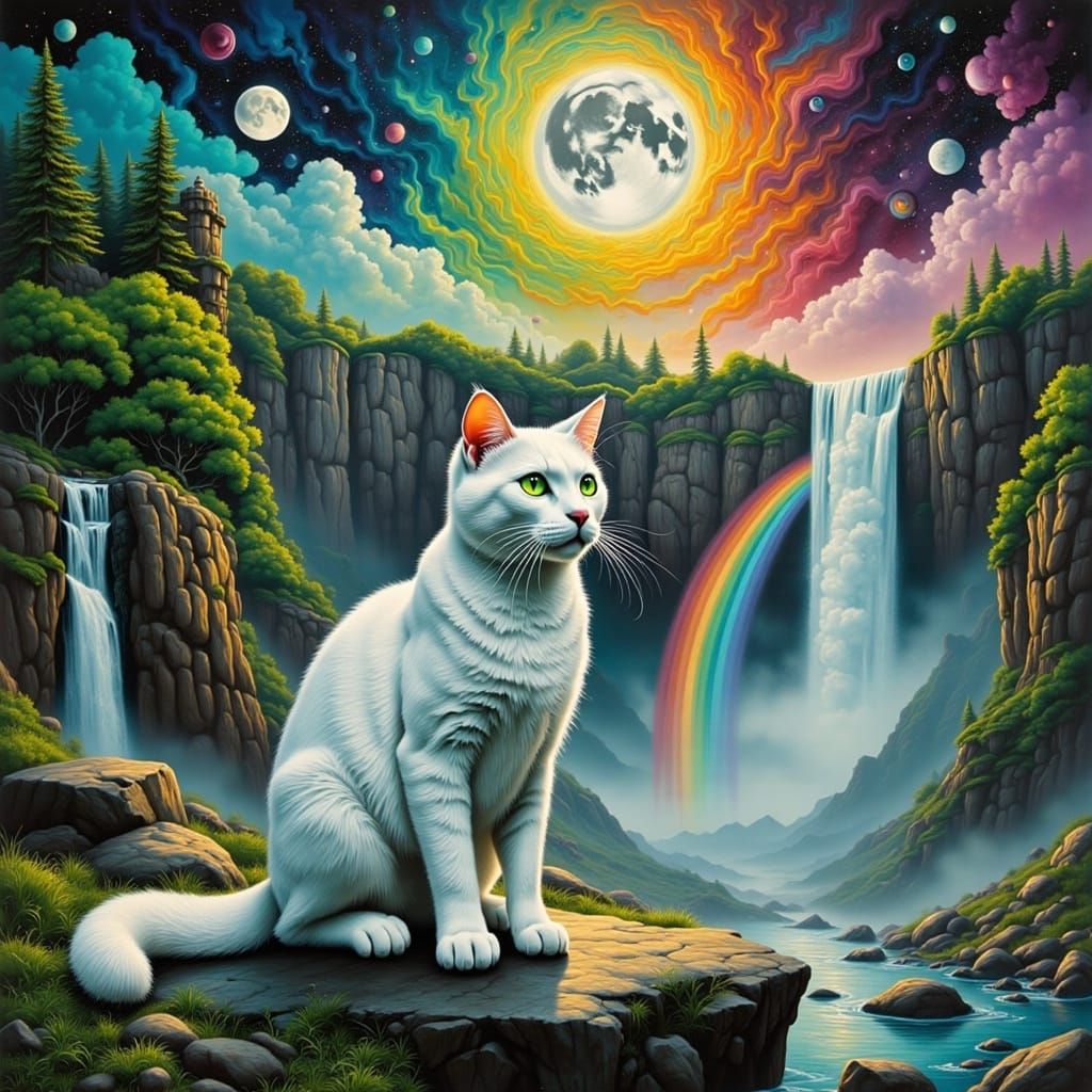 White Cat with Bioluminescent Eyes by Misty Waterfall