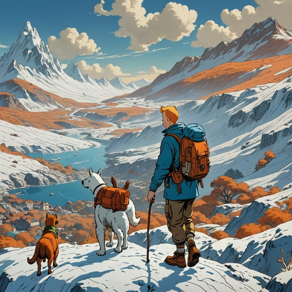 Tintin and Snowy in a Fantasy Landscape