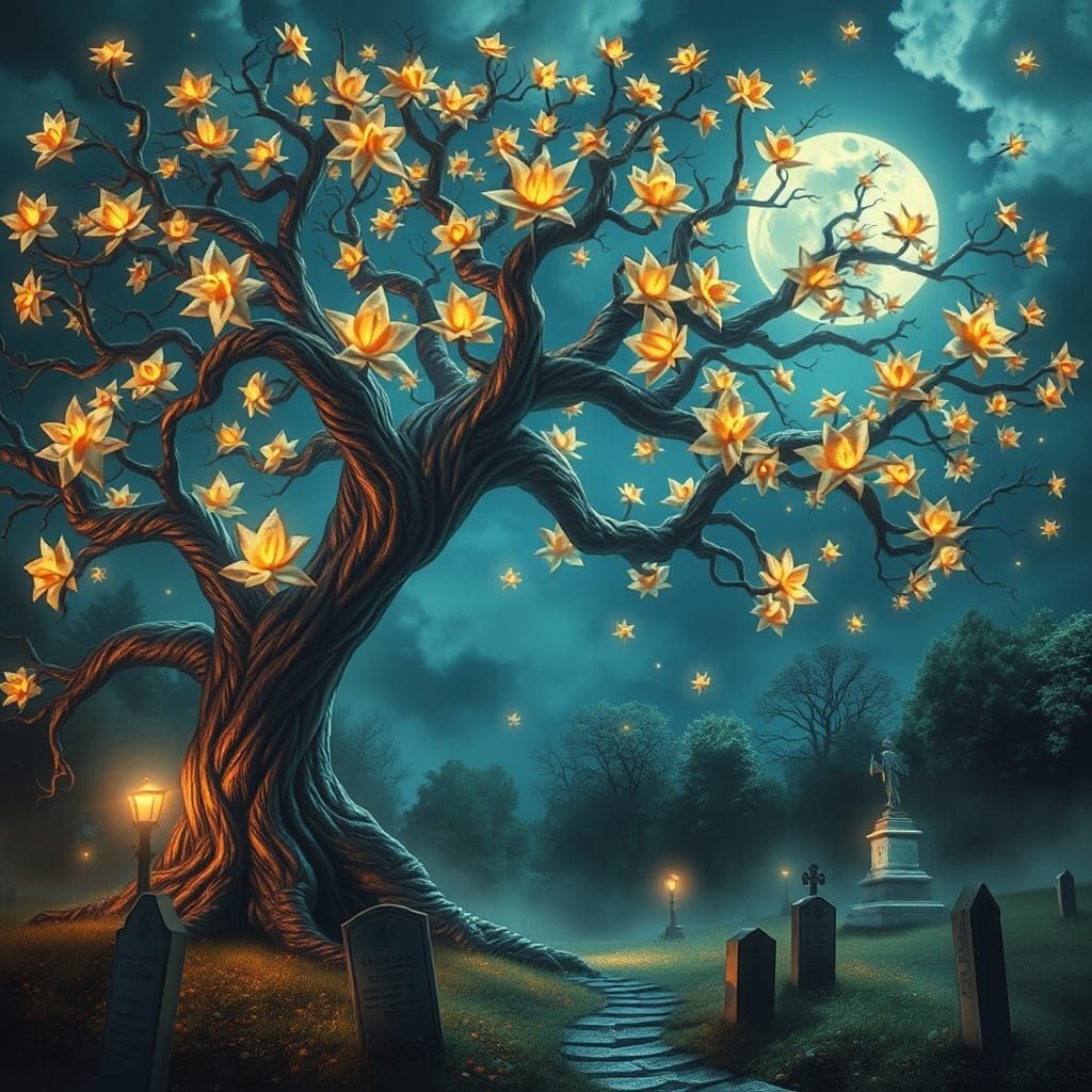 Ethereal Tree with Star Flowers and Dream Leaves