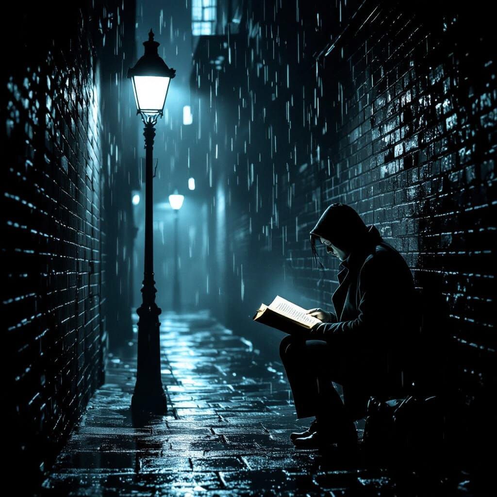 Student Studies Ancient Texts in Noir Alleyway
