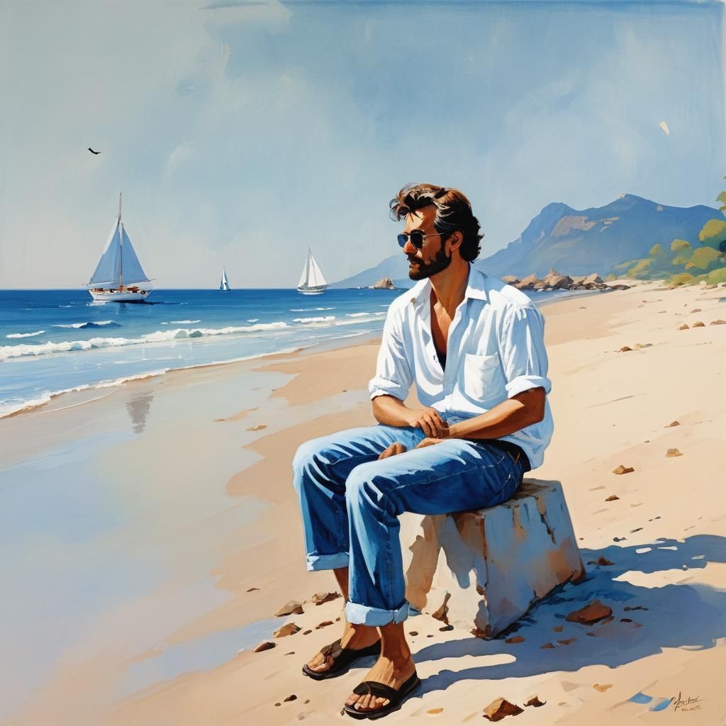 Man on Beach in Comic Book Style