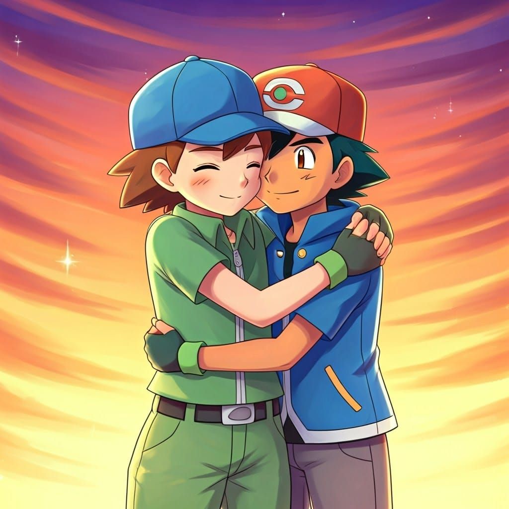 Ash Ketchum Hugs Friend in Heartwarming Sunset Moment