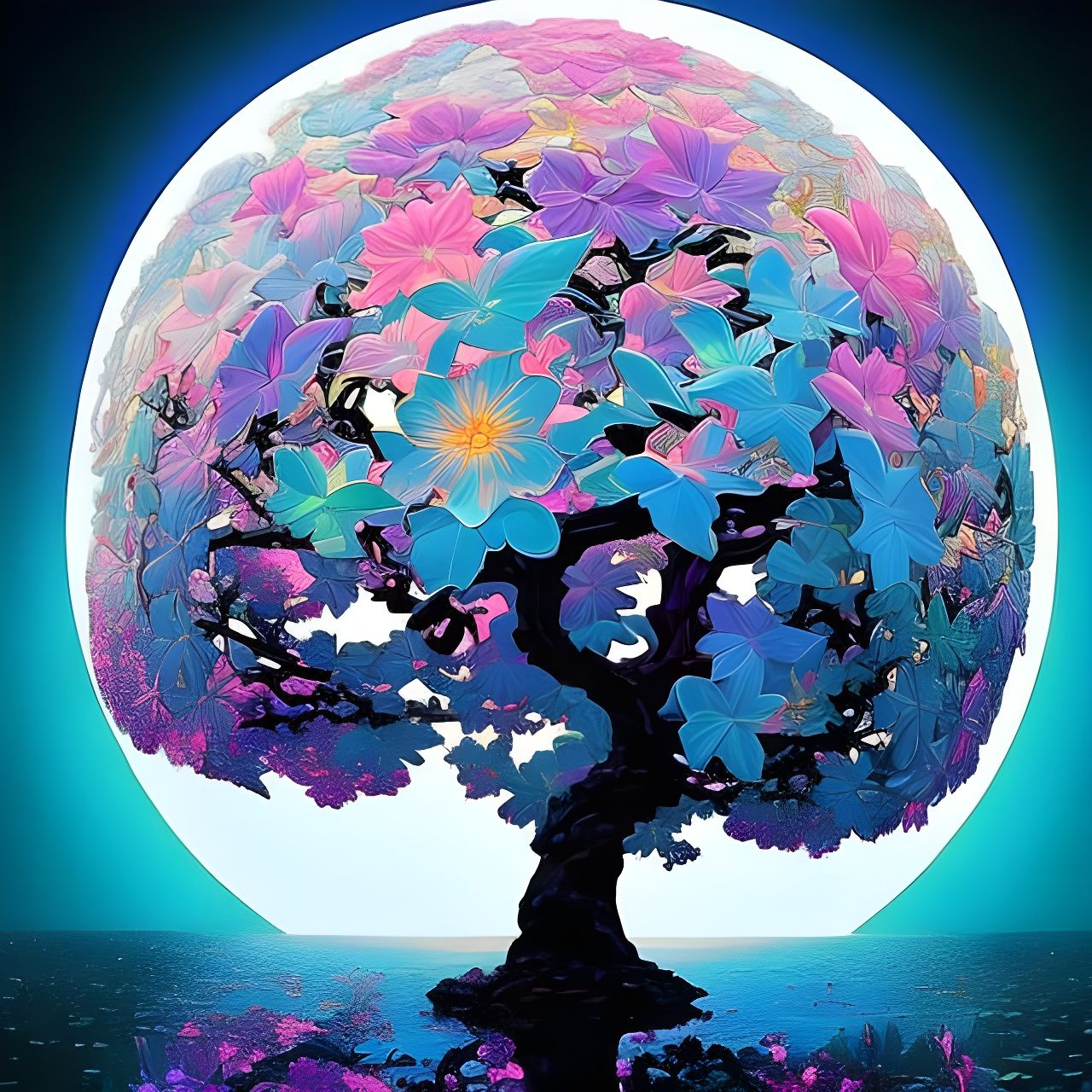 Crystal Tree with Flowers in Japanese Art Style