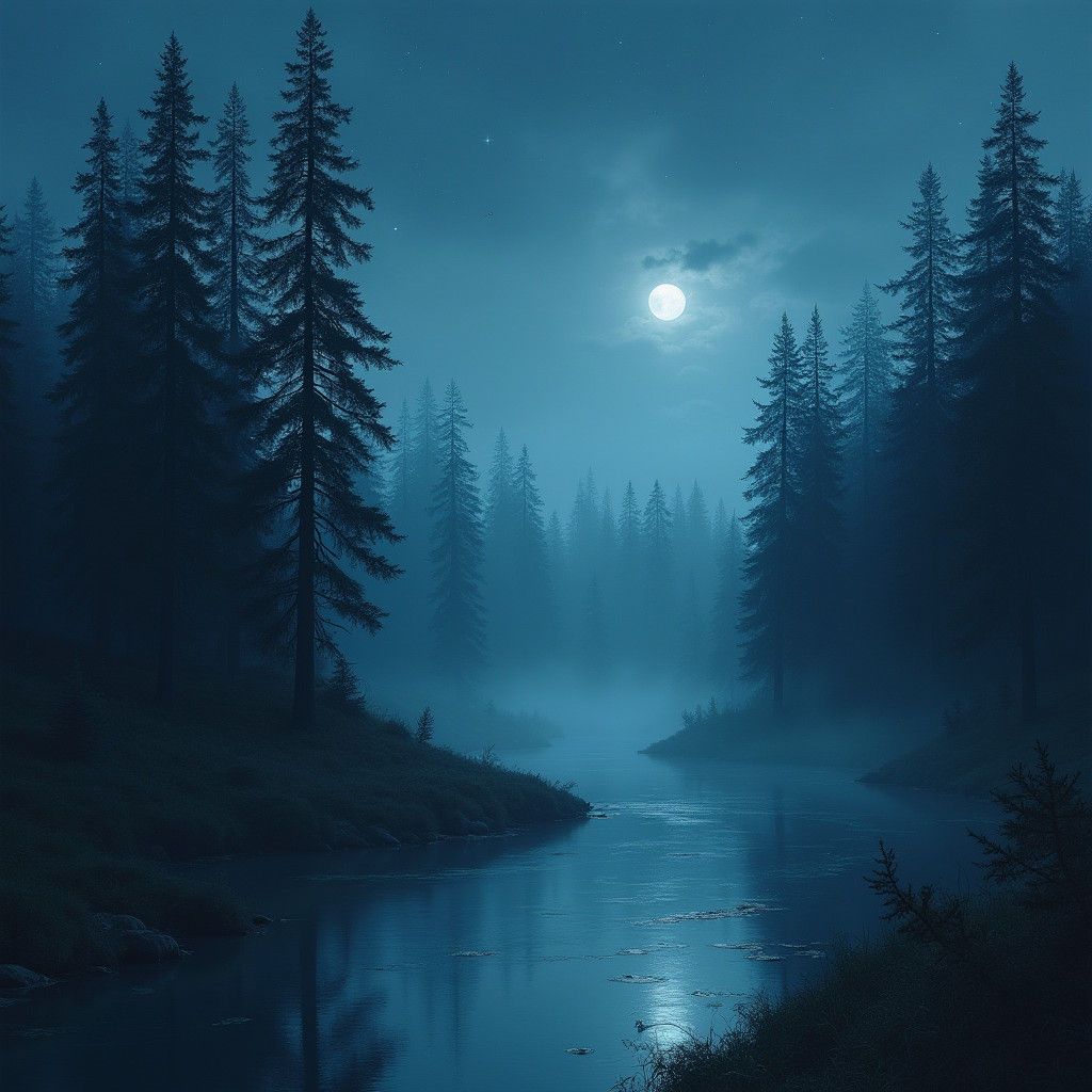 Mystical Medieval Forest River at Night