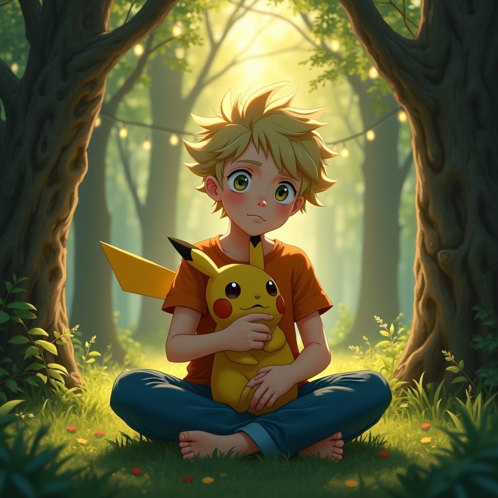 Boy Comforts Distraught Pikachu in Whimsical Forest Scene