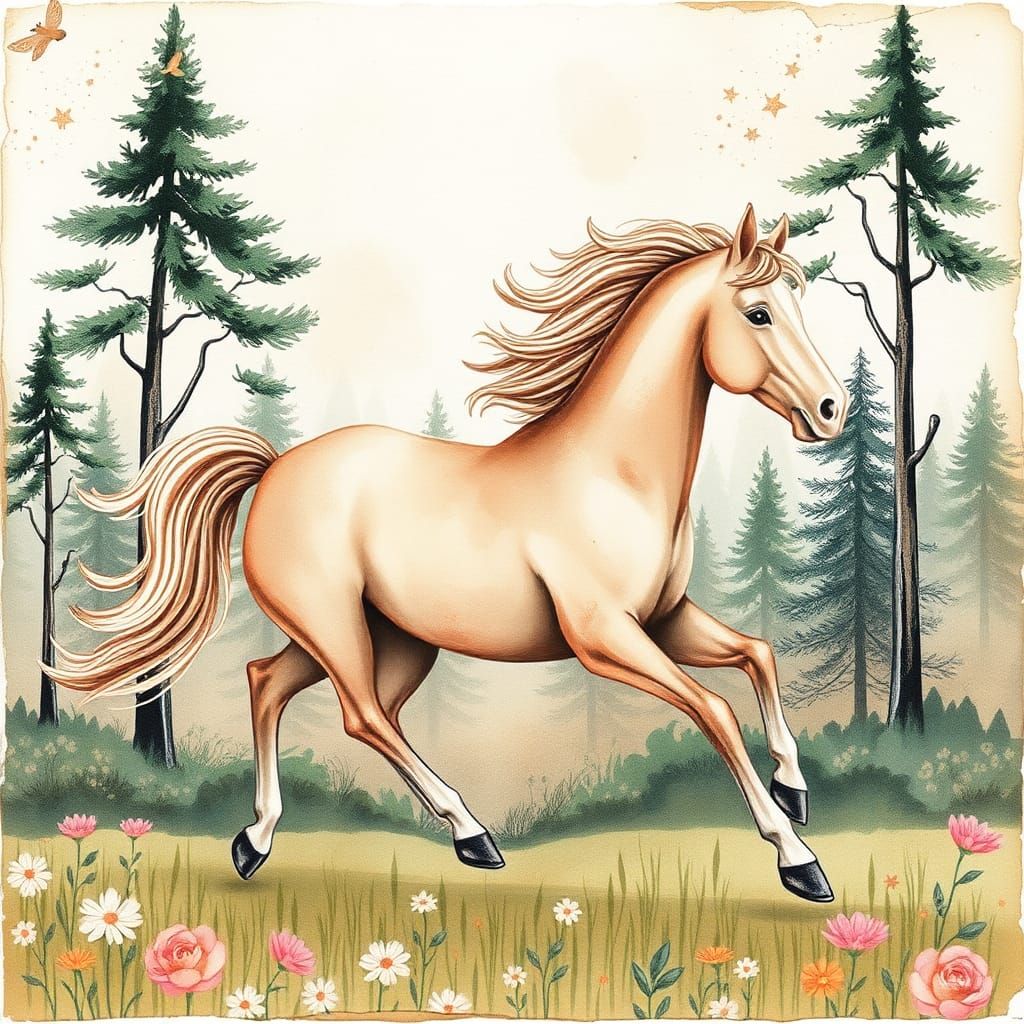 Whimsical Horse Galloping in Woodland, Mixed Media Art