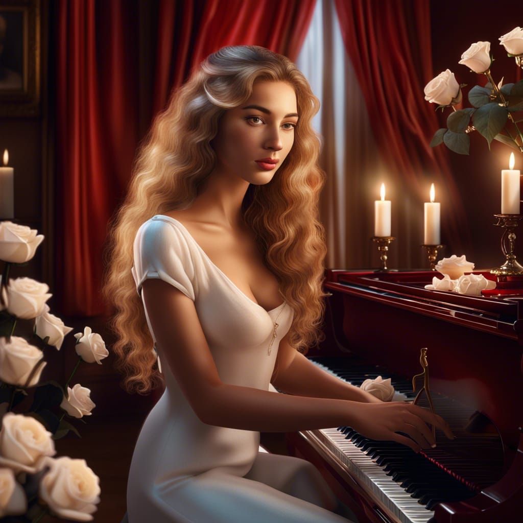 Woman with Roses and Cat by Red Piano