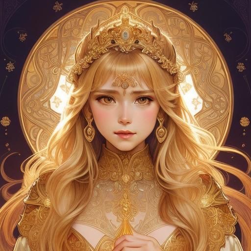 Intricate Princess in Golden Light, Alphonso Mucha Style