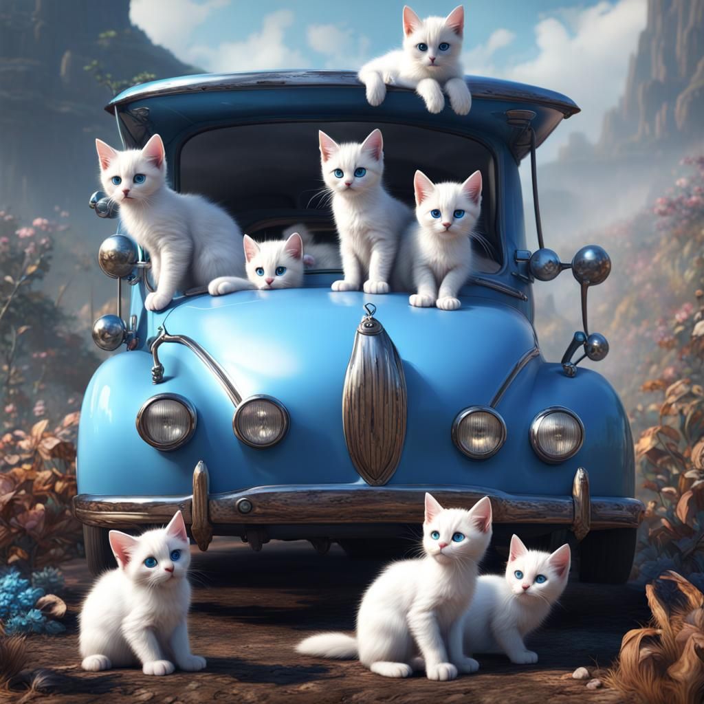 Blue-Eyed Kittens Ride in Fantasy Car