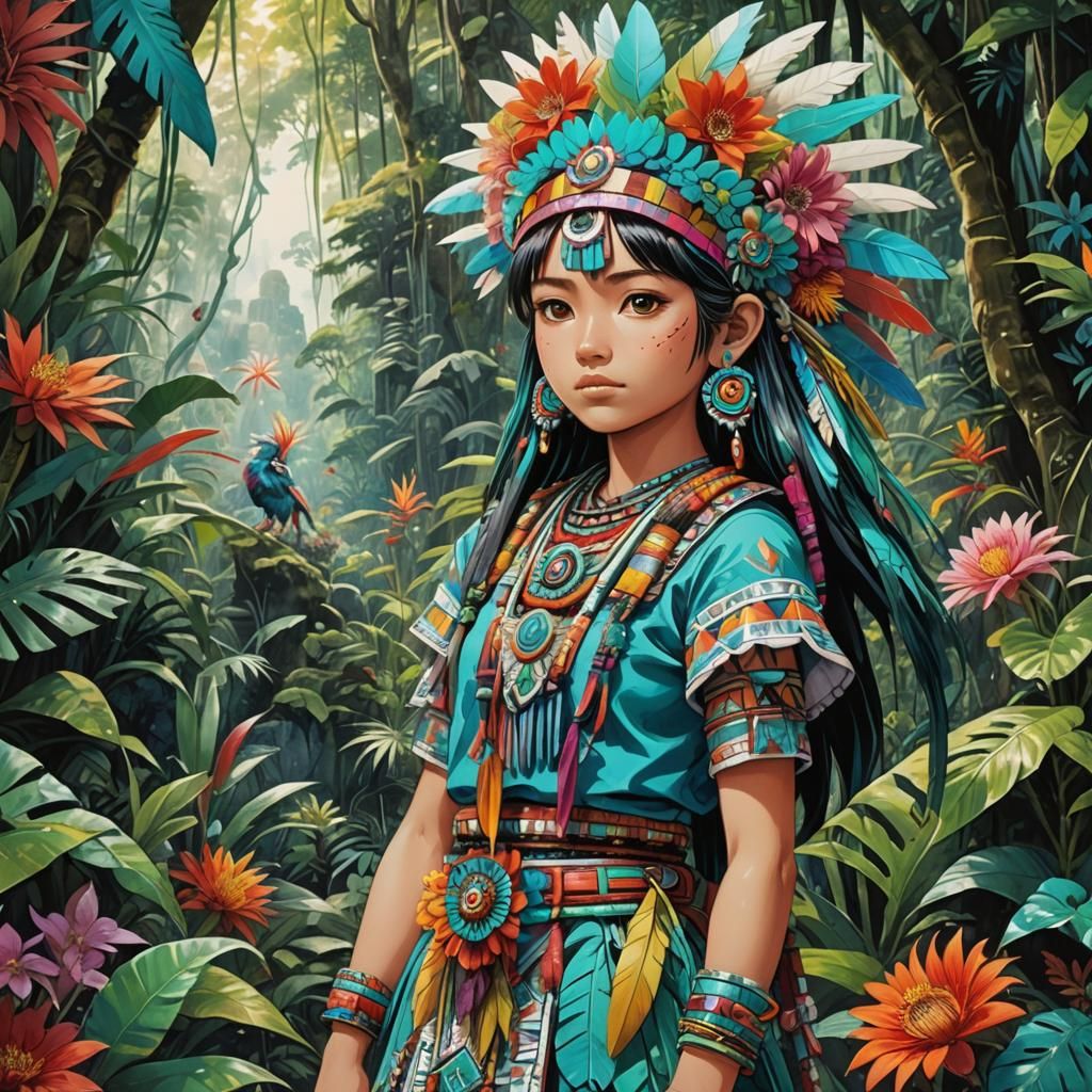 Anime Aztec Girl in Jungle with Turquoise Jewelry