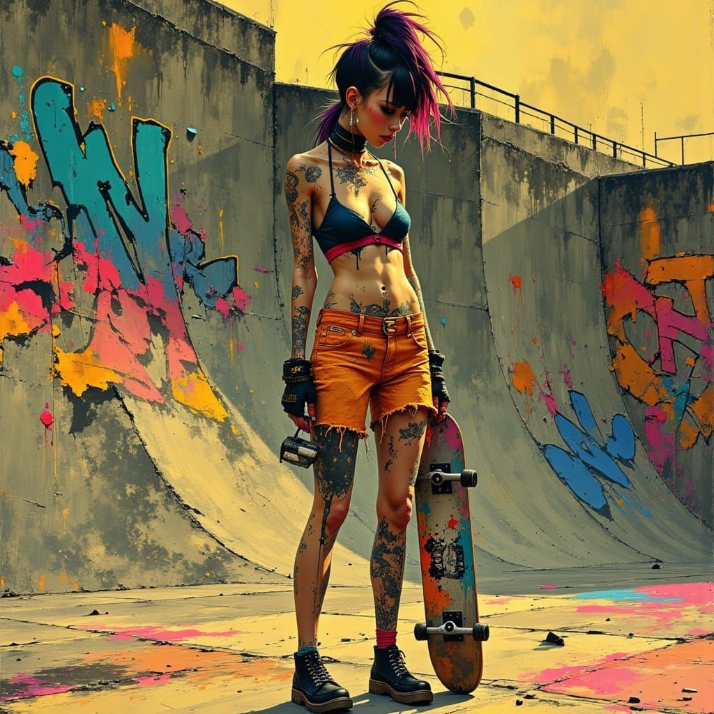 Punk Rock Skater Woman in Urban Skate Park, Graphic Novel St...