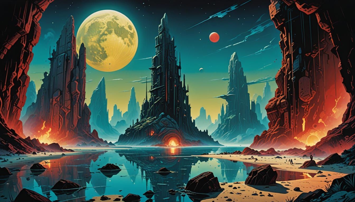 Desolate Alien Planet with Monoliths: Sci-Fi Illustration