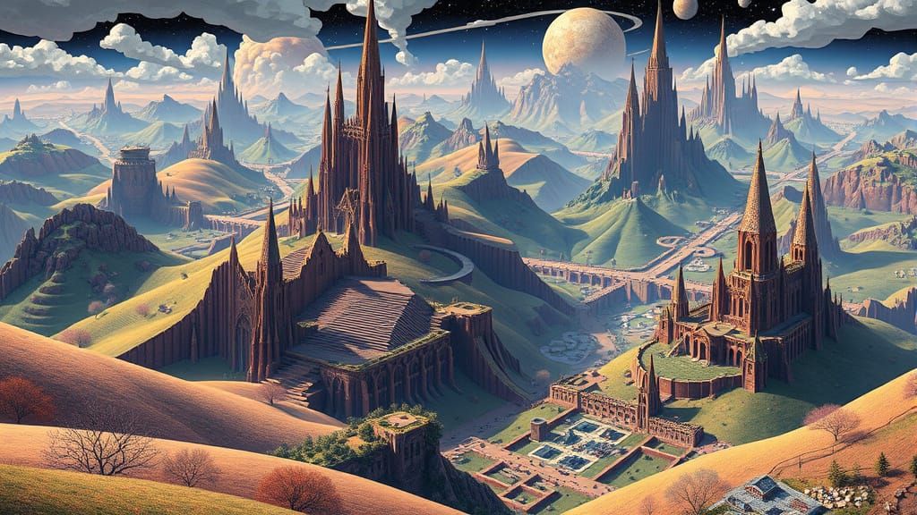 Surreal Landscape Optical Illusion in Escher Style