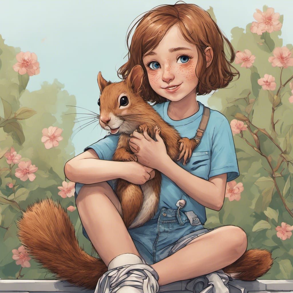 Girl Hugging Squirrel in 3D Digital Art