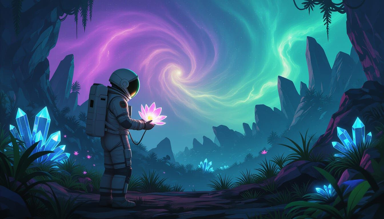 Astronaut Explores Bioluminescent Alien Jungle