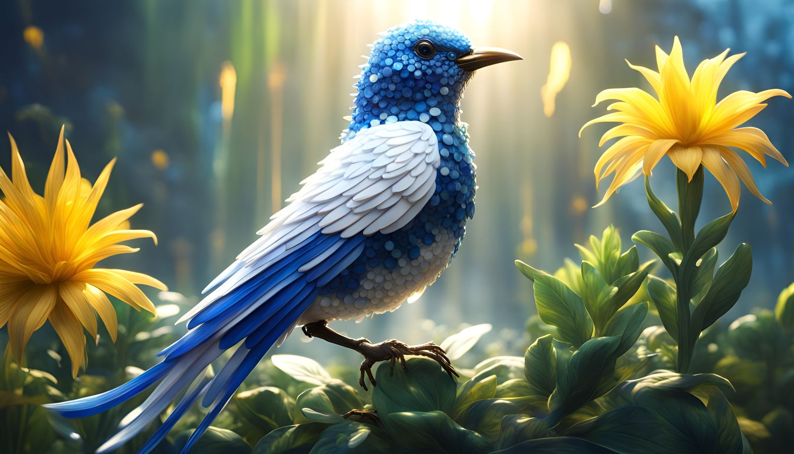 Blue and White Crystal Bird with Flowers