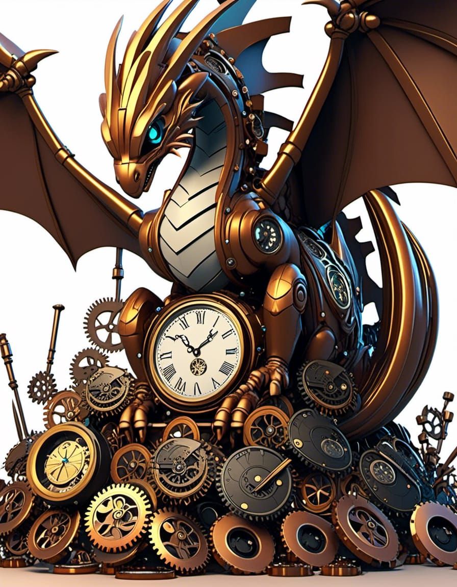 Animated Anime Chibi cute clockwork copper dragon made of clocks and clock pieces lying on a pile of clock parts. Clockp...