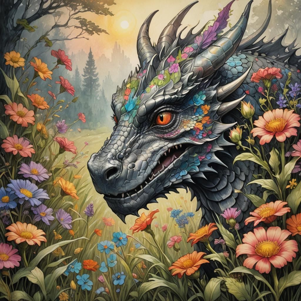 Young Dragon Sniffing Flowers: Charcoal Art