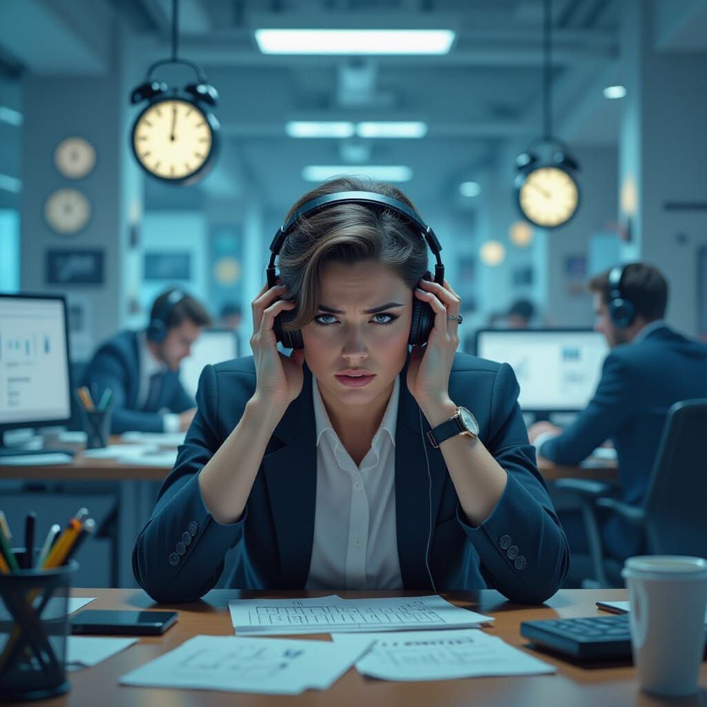 Stressed Person in Dystopian Office, Concept Art Style