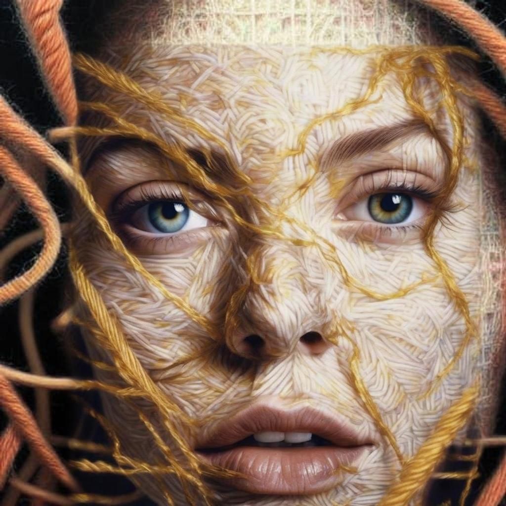 Surreal Woman Portrait in Yarn with Gold Feathers