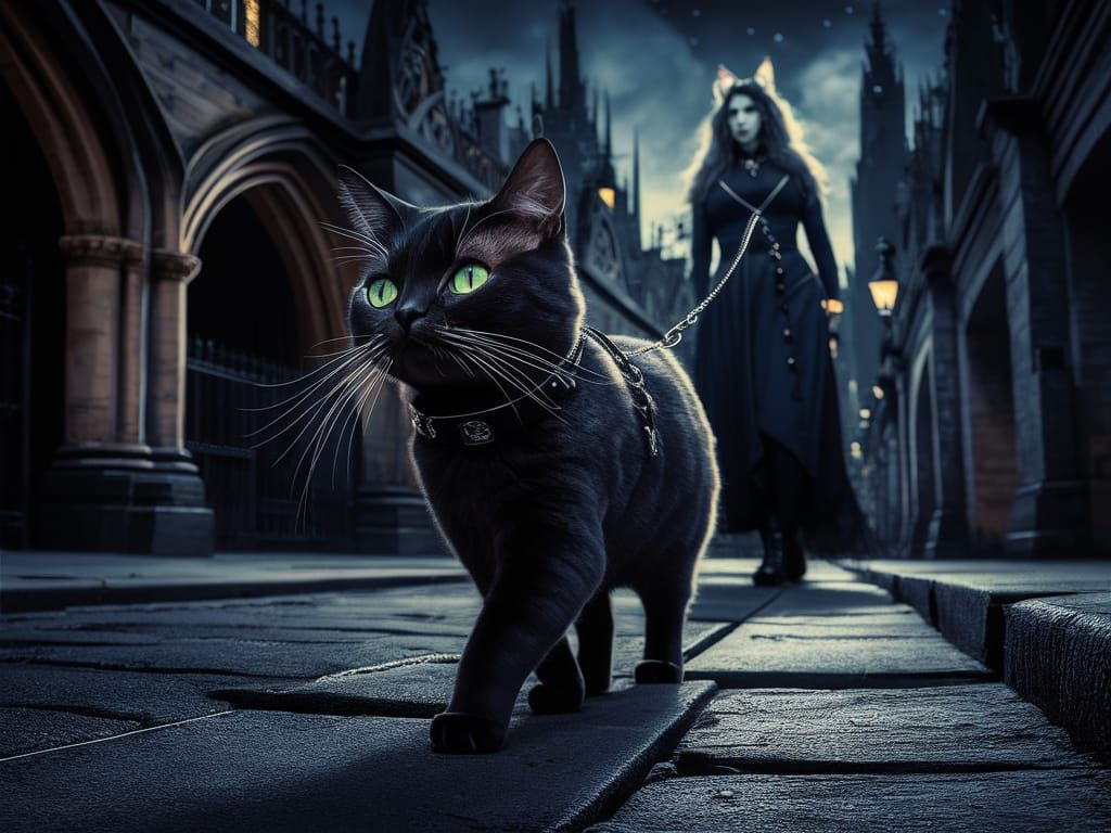Gothic Cat Strolling Down Dimly Lit Street