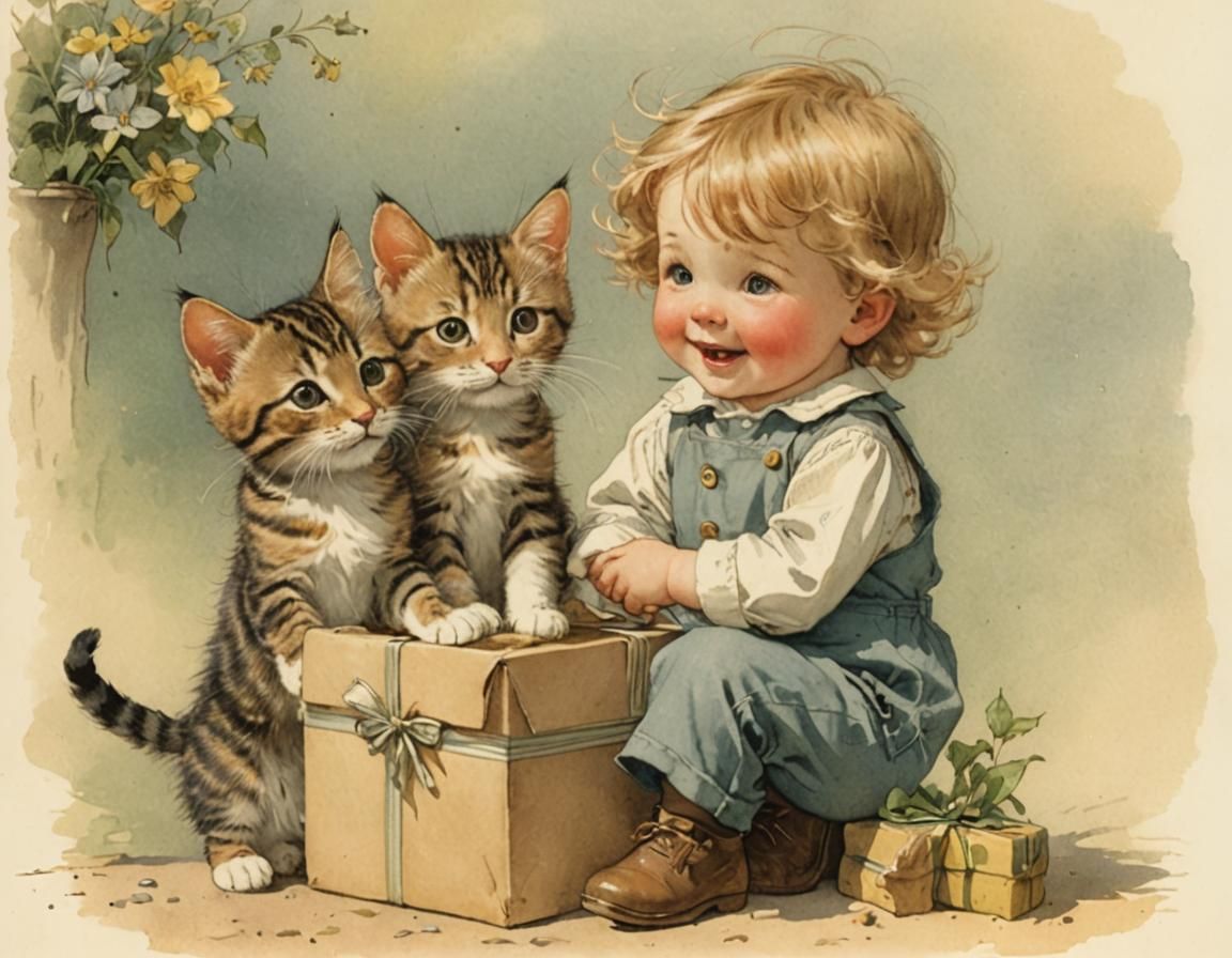 Whimsical Boy Hugs New Feline Friend with Joyful Surprise