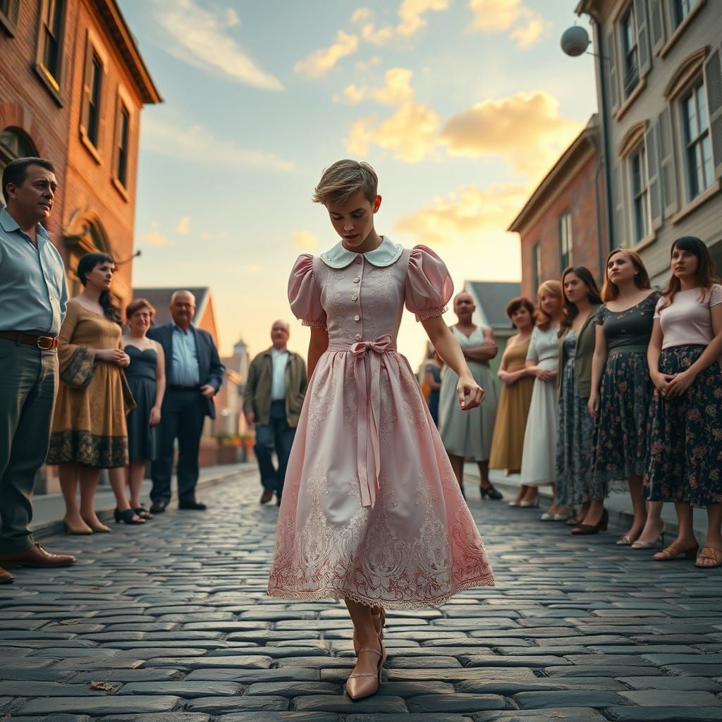 Young Man in Elegant Pink Dress Curtsies in Cobblestone Stre...