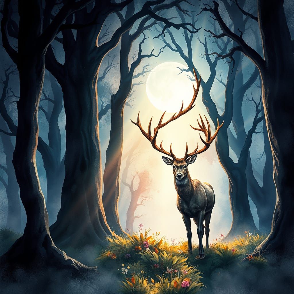 Majestic Stag in a Dreamy Starry Forest