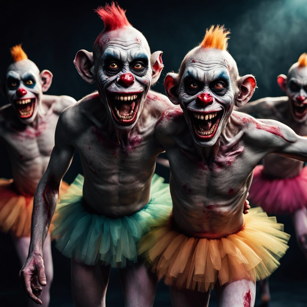 Zombie Monkey Clown Ballet Dancers in Hyper-Realistic Style