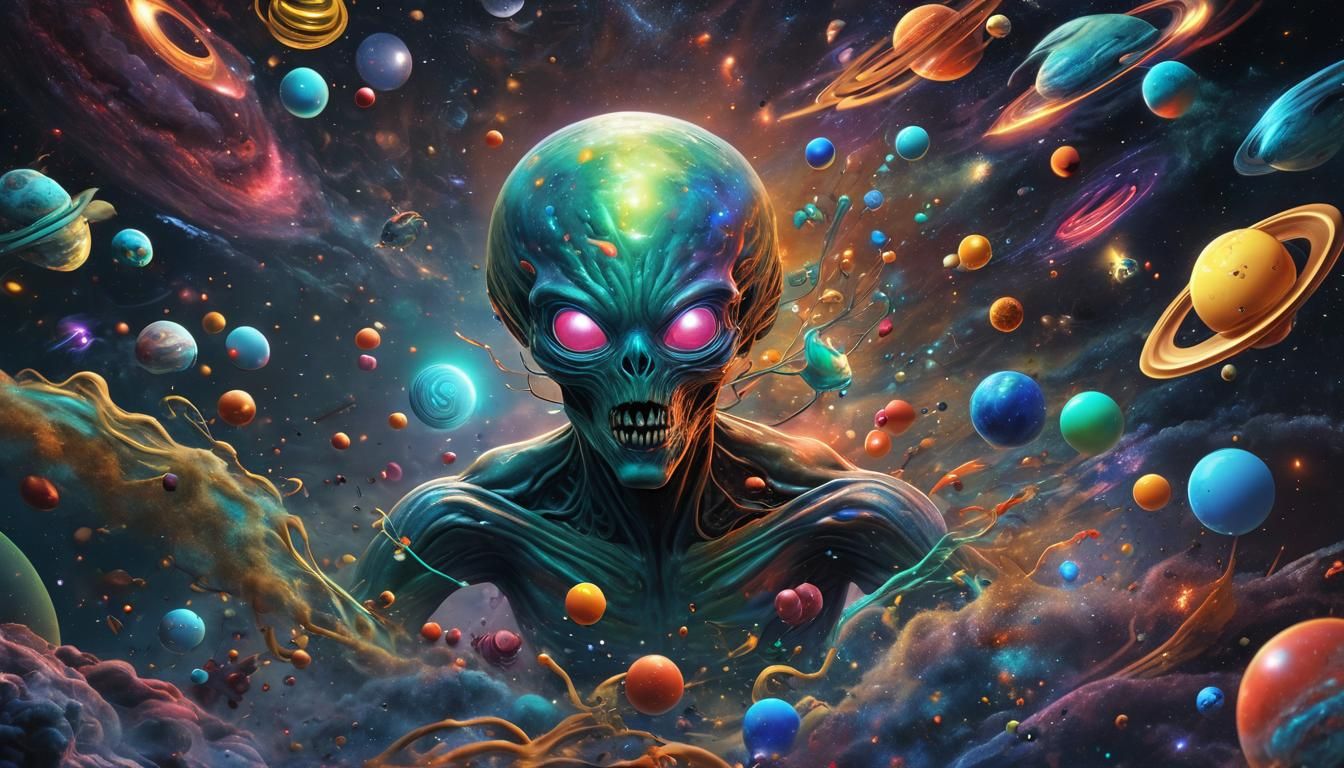 Alien Surrounded by Toys in Cosmic Dreamscape