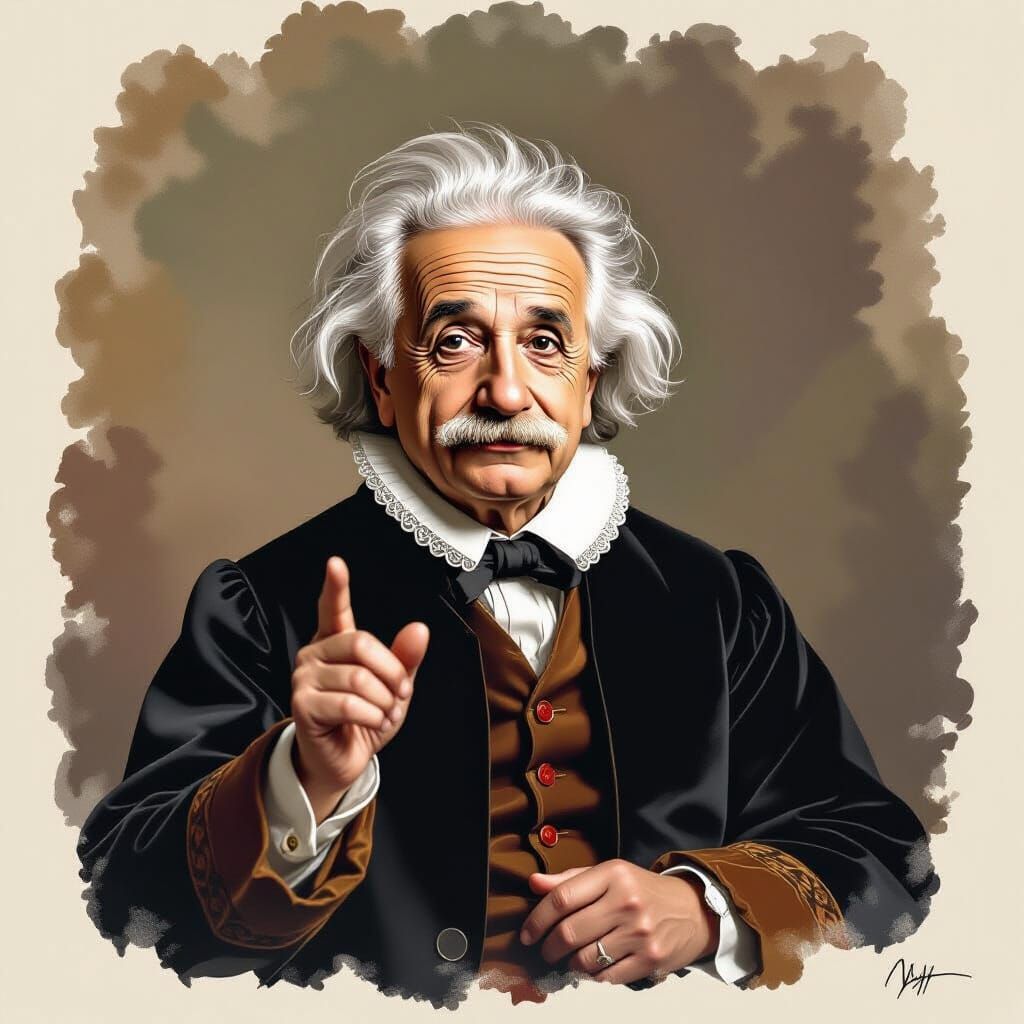 Einstein in Renaissance Style Holding Radiant Atom