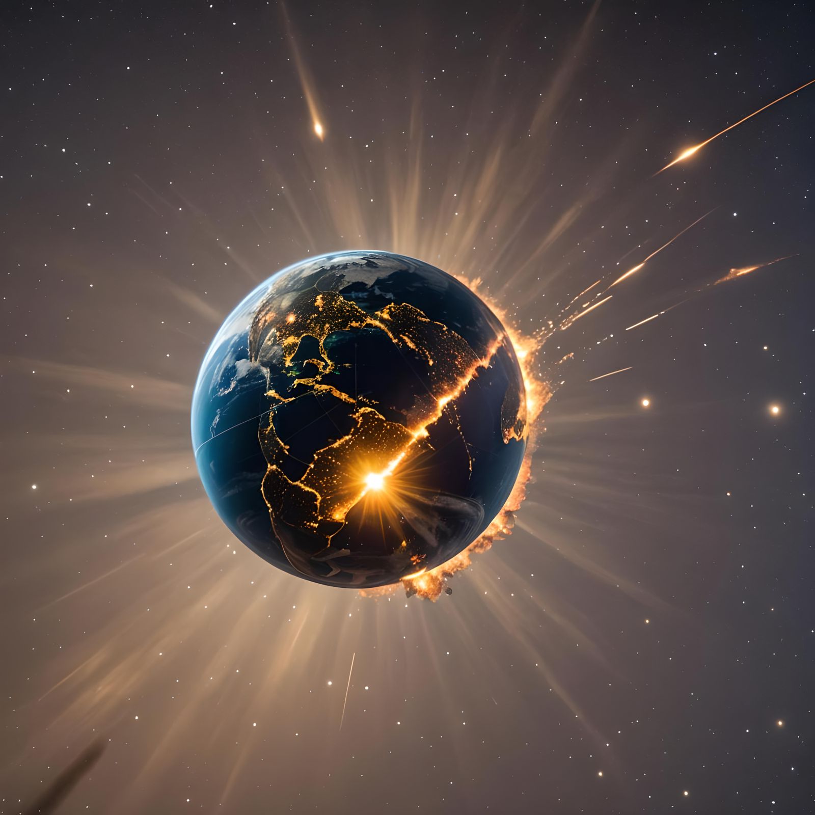 Earth Globe Impacted by Comet: Sharp Focus Photo