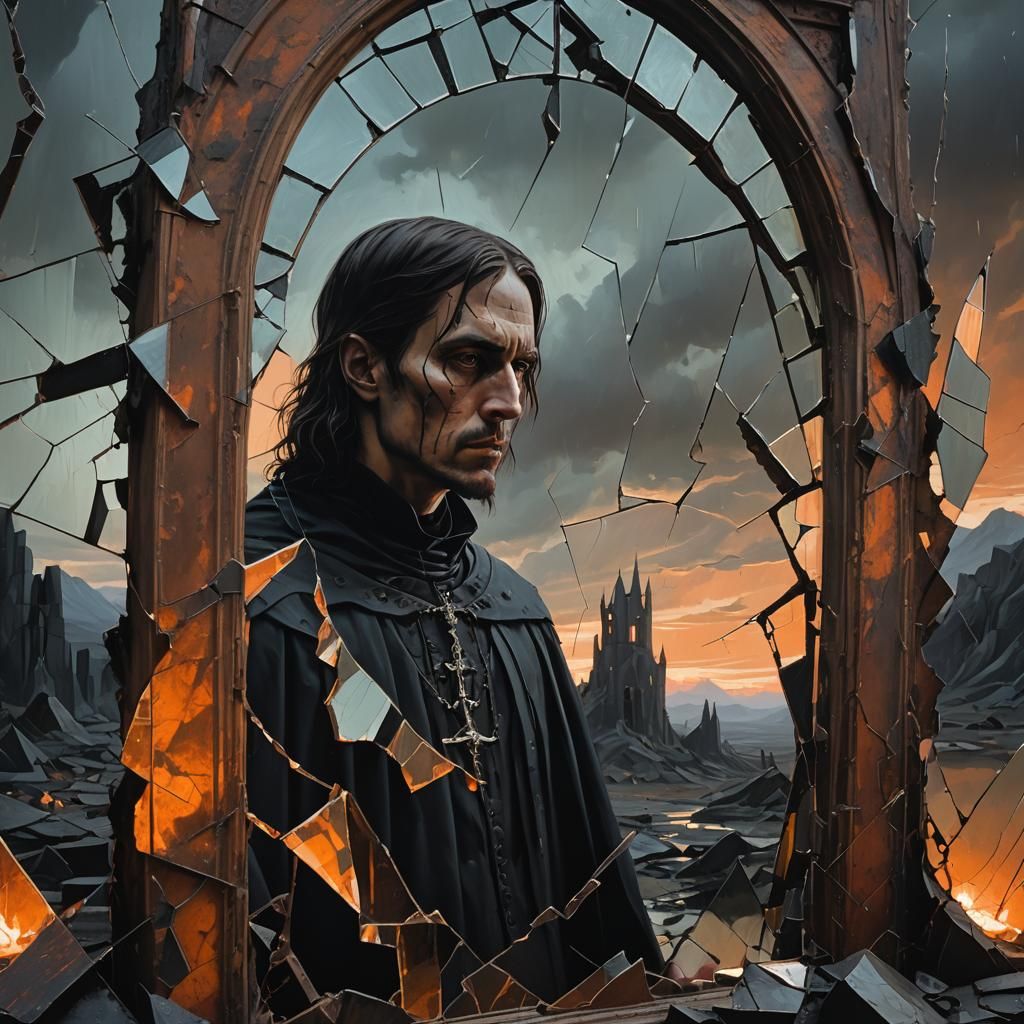 Haunted Figure in Gothic Surrealism Mirror Landscape