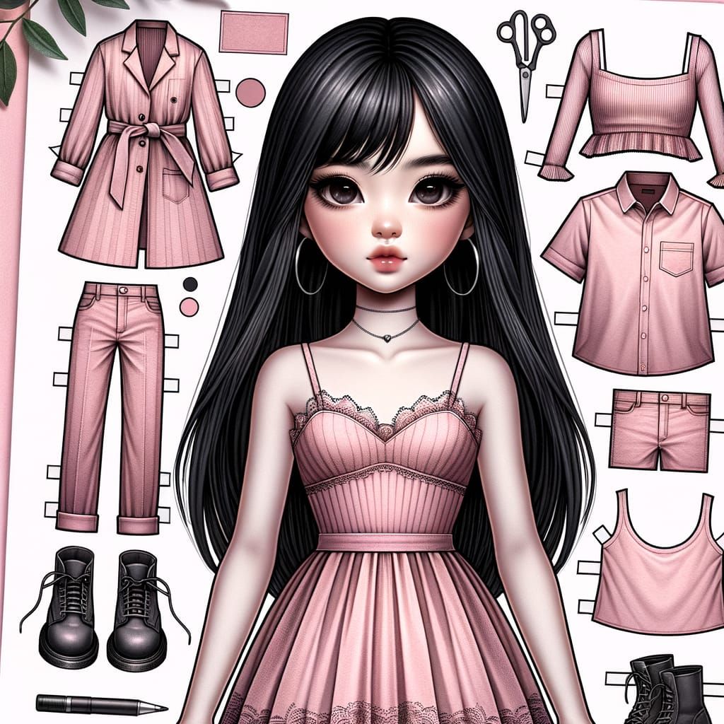 A4 Paper Doll Coloring Page With Pink Outfits