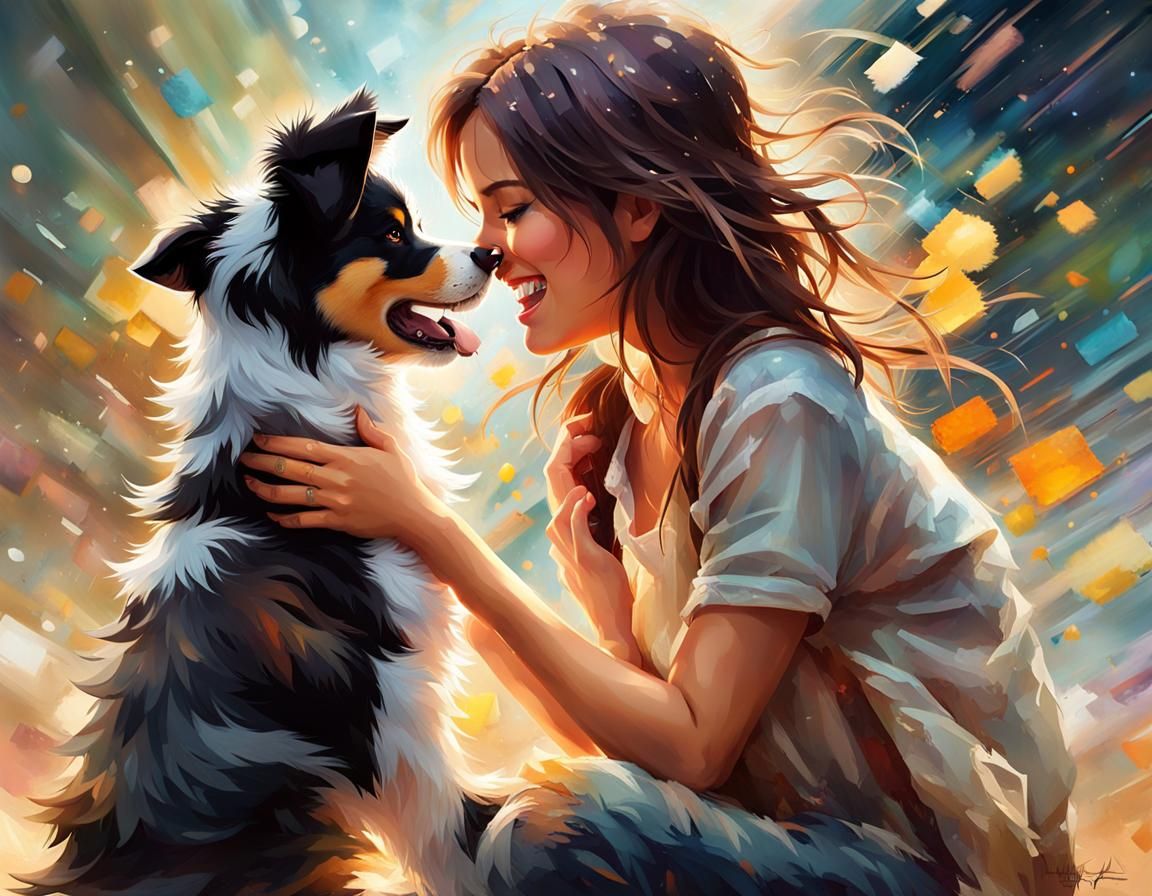 Happy Girl and Puppy in Colorful Splash Art Style