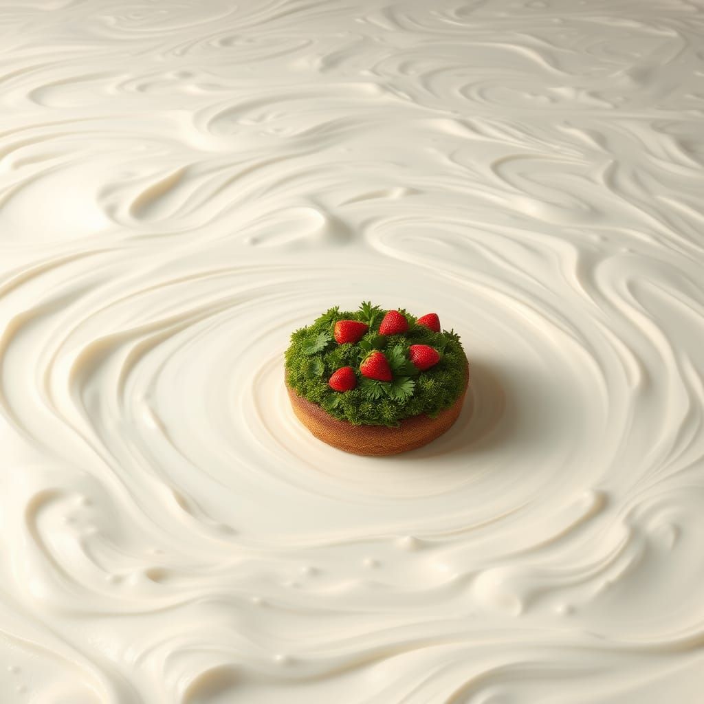 Strawberry Island in Whipped Cream Ocean, Surreal Art
