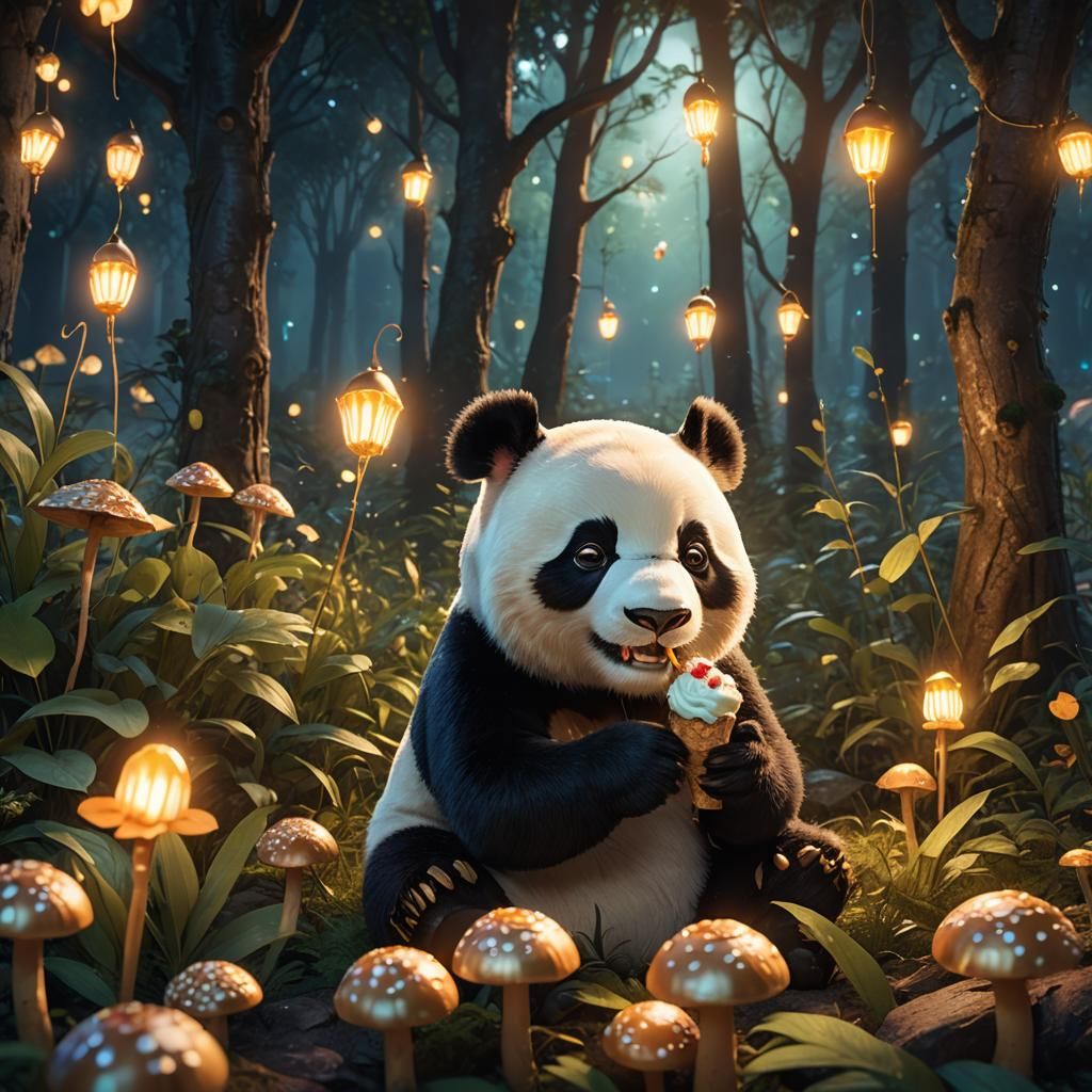 Panda Enjoys Ice Cream in Magical Forest