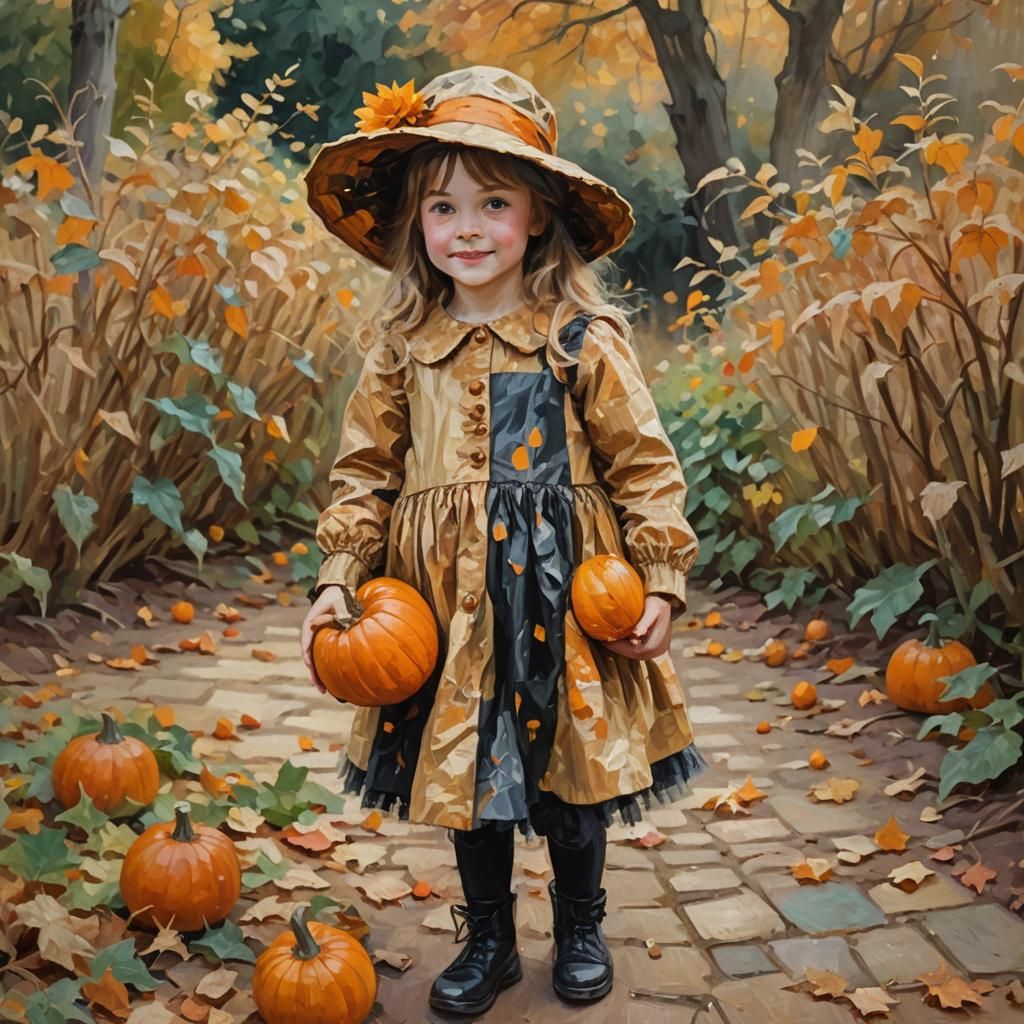 Girl with Pumpkin in Autumn Garden, Impressionist Style