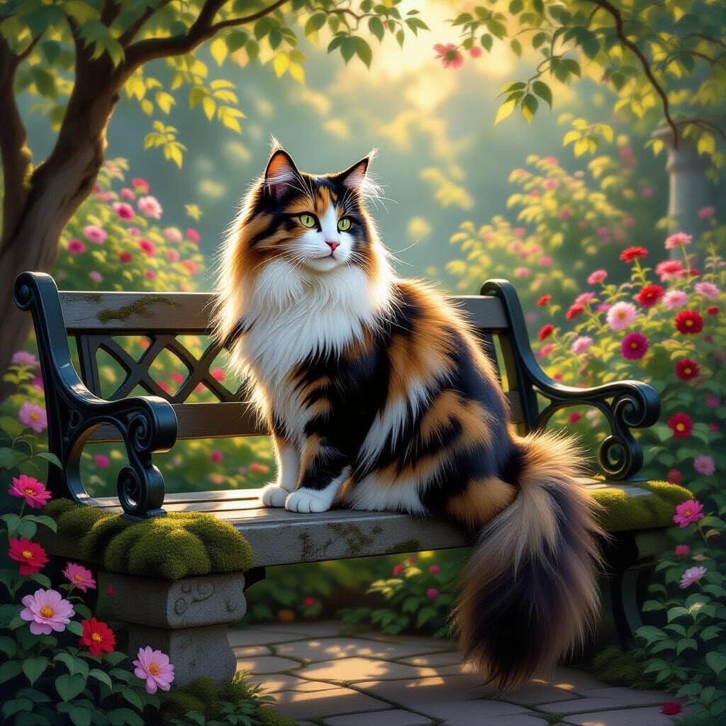 Calico Cat in Twilight Garden, Oil Painting Style