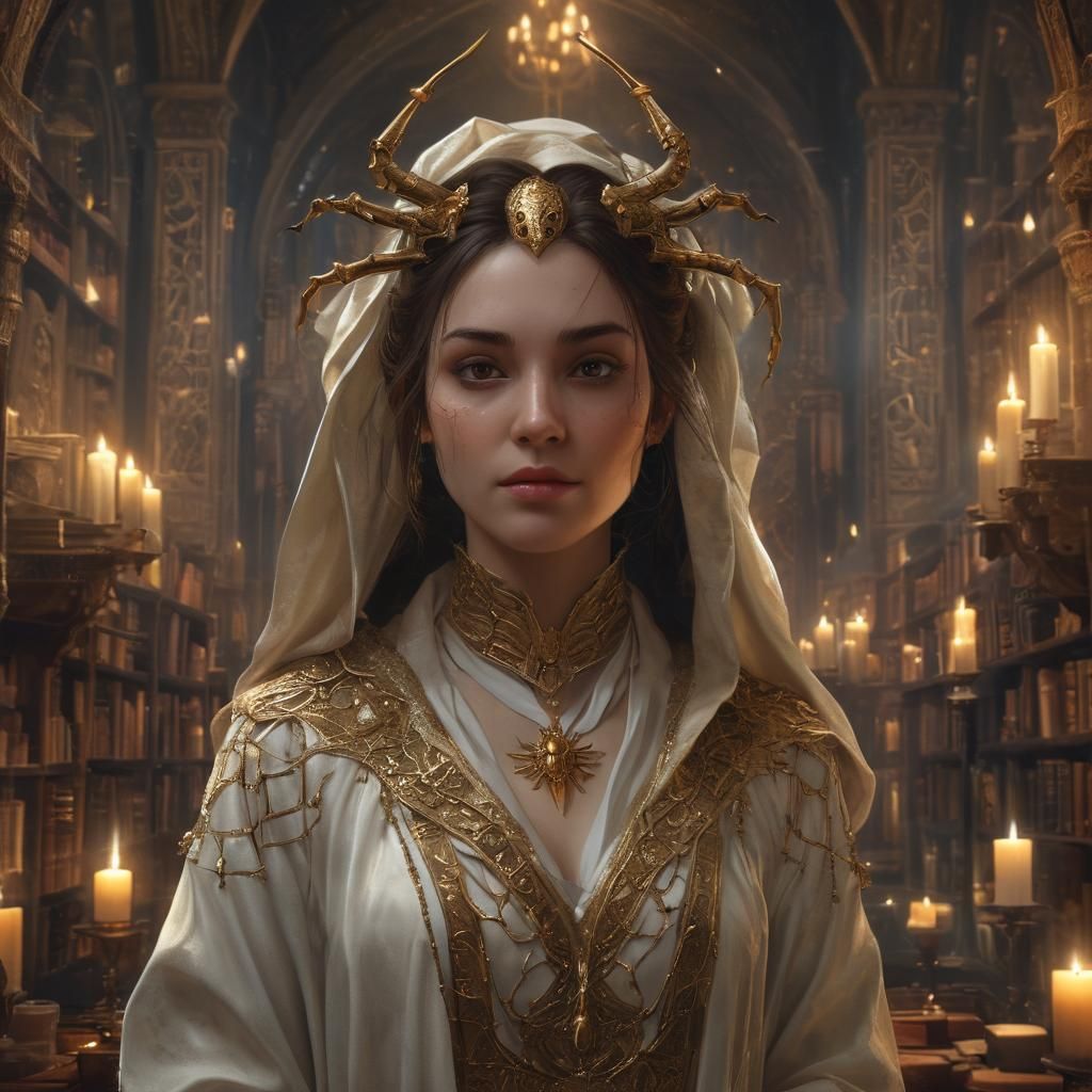 Mystical Spider Woman in Gothic Library