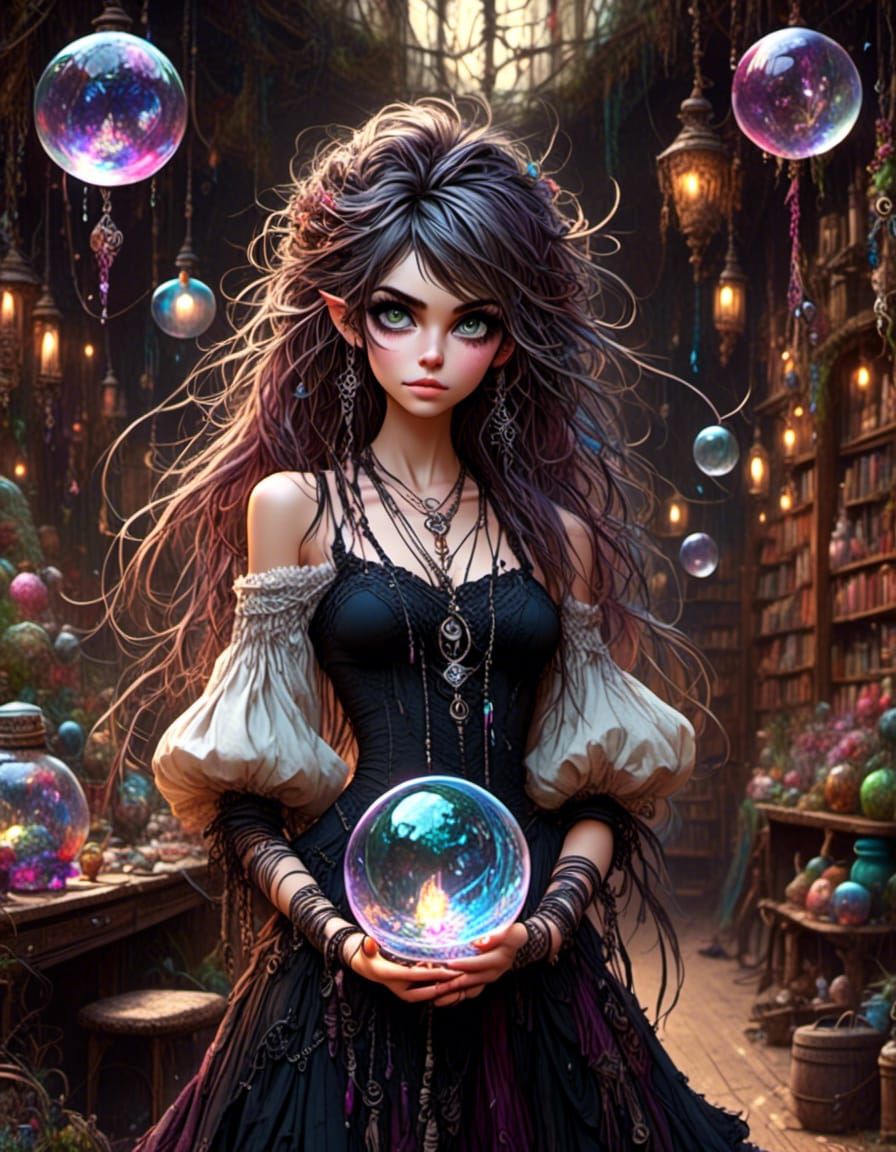 Mischievous Witch Holding Swirling Crystal Ball