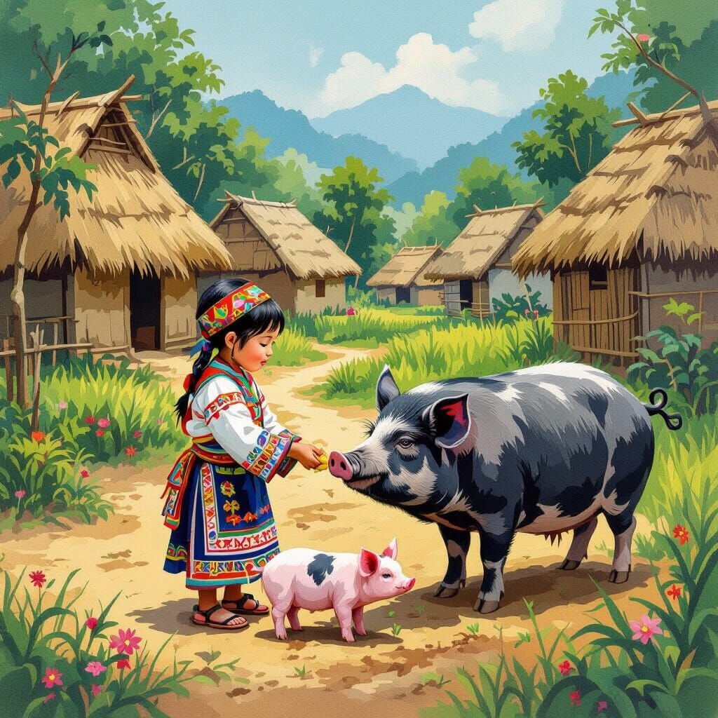 Hmong Child Feeding Piglet in Traditional Village