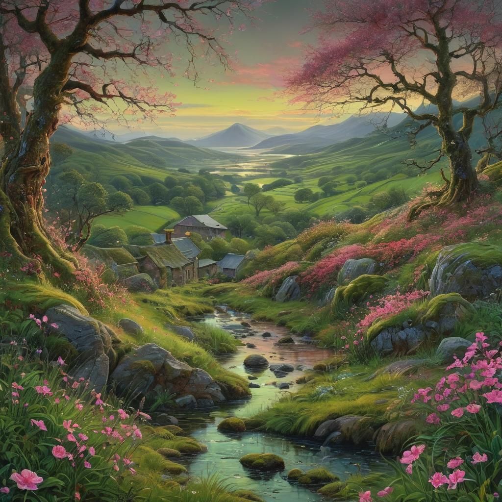 Rainy Scottish Landscape with Pink Light