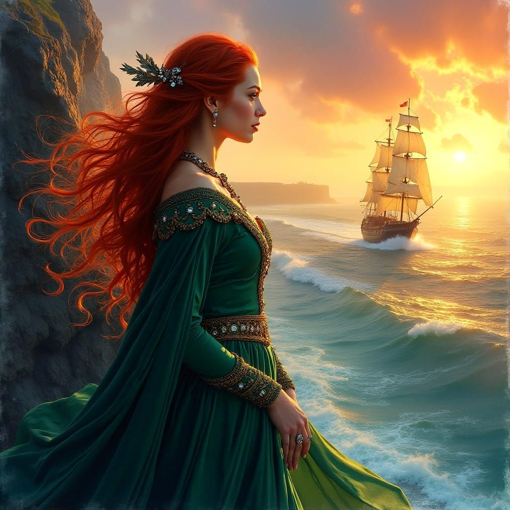 Romantic Irish Pirate Queen Stands at Cliff's Edge