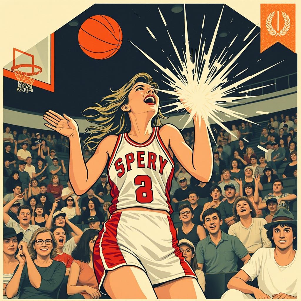 Psychic Woman Cheers at Basketball Game in WPA Style