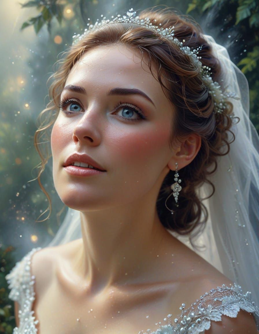 Hyperrealistic Bride's Joyful Gaze in Ethereal Fantasy Style