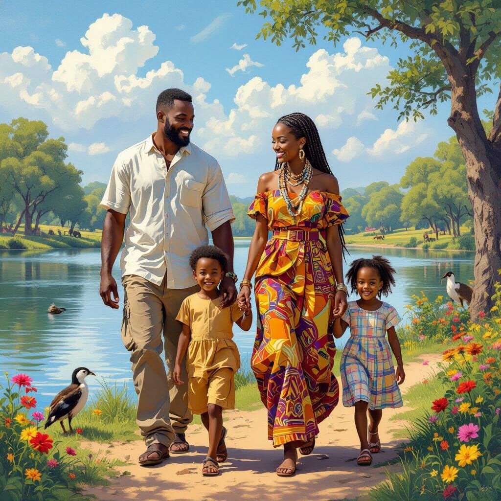 Happy Family Stroll in Park, Brushed Oil Style