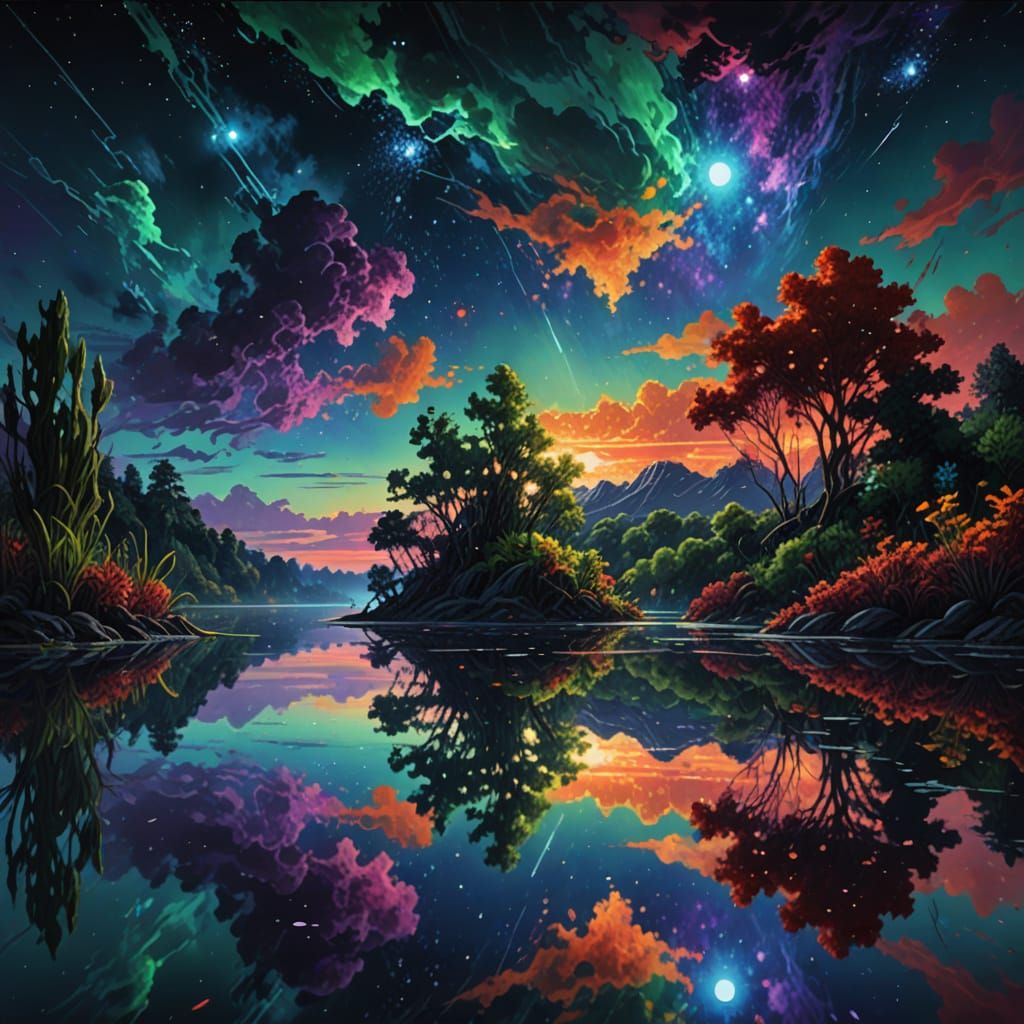 Night Lake Reflections: Blue, Red, and Cosmic Sky